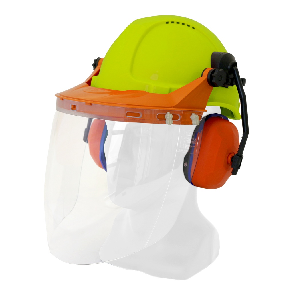Hard Hat Clear Visor Combo including Neon RATCHET Hard Hat, Ear Muffs, Browguard attachment, and Clear Visor