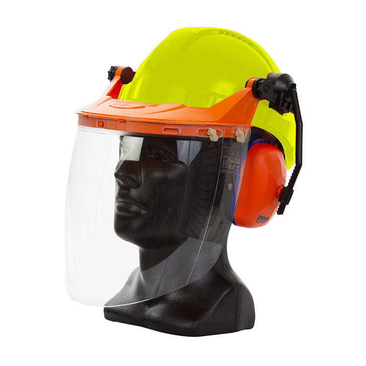 Hard Hat Clear Visor Combo including Neon PINLOCK Hard Hat, Ear Muffs, Browguard attachment, and Clear Visor