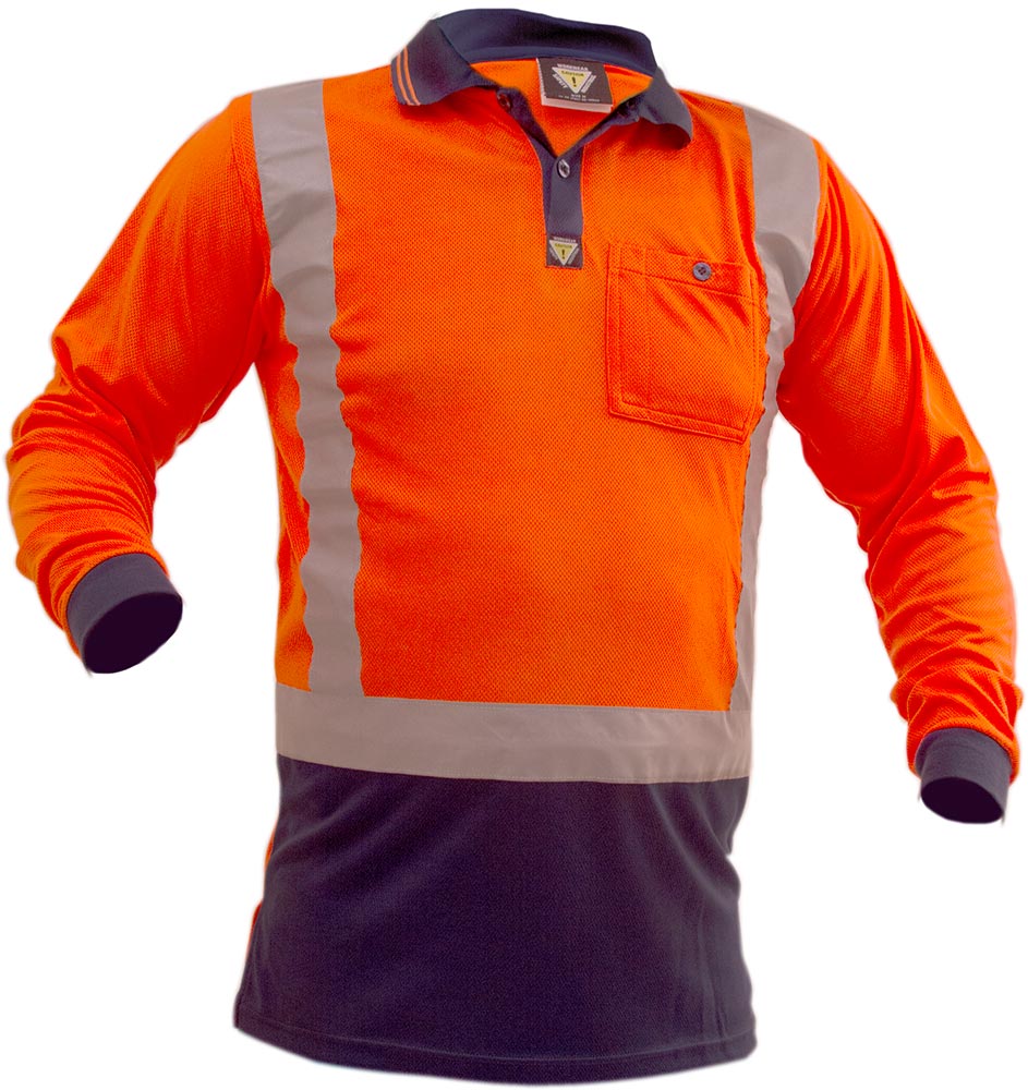 [PCP1213-FLOR/NA-S] Caution D/N L/S Micro Fibre Polo (Fluro Orange/Navy, S)