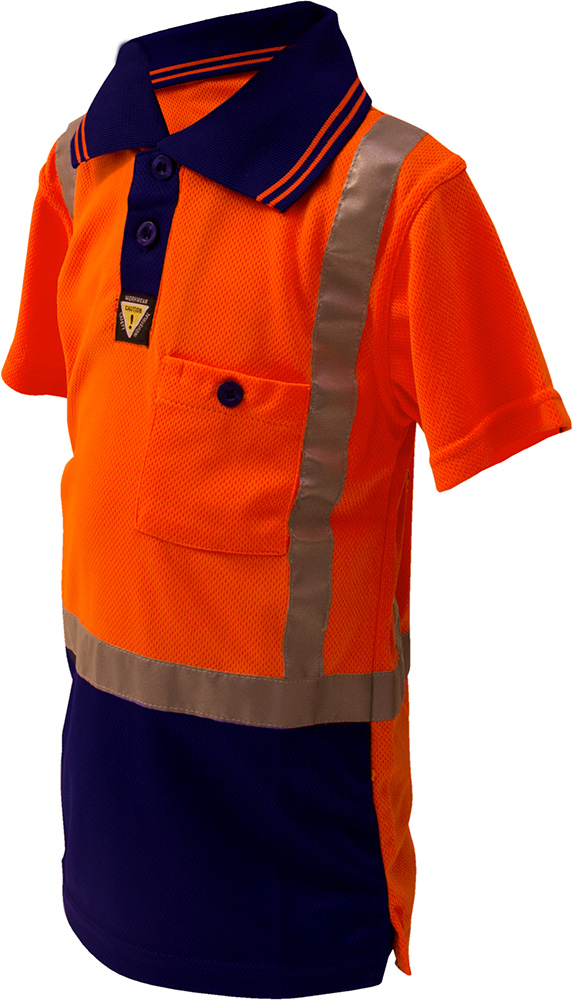 [PCP1216-FLOR/NA-6] Caution Children's Micro Fibre Polo (Fluro Orange/Navy, 6)