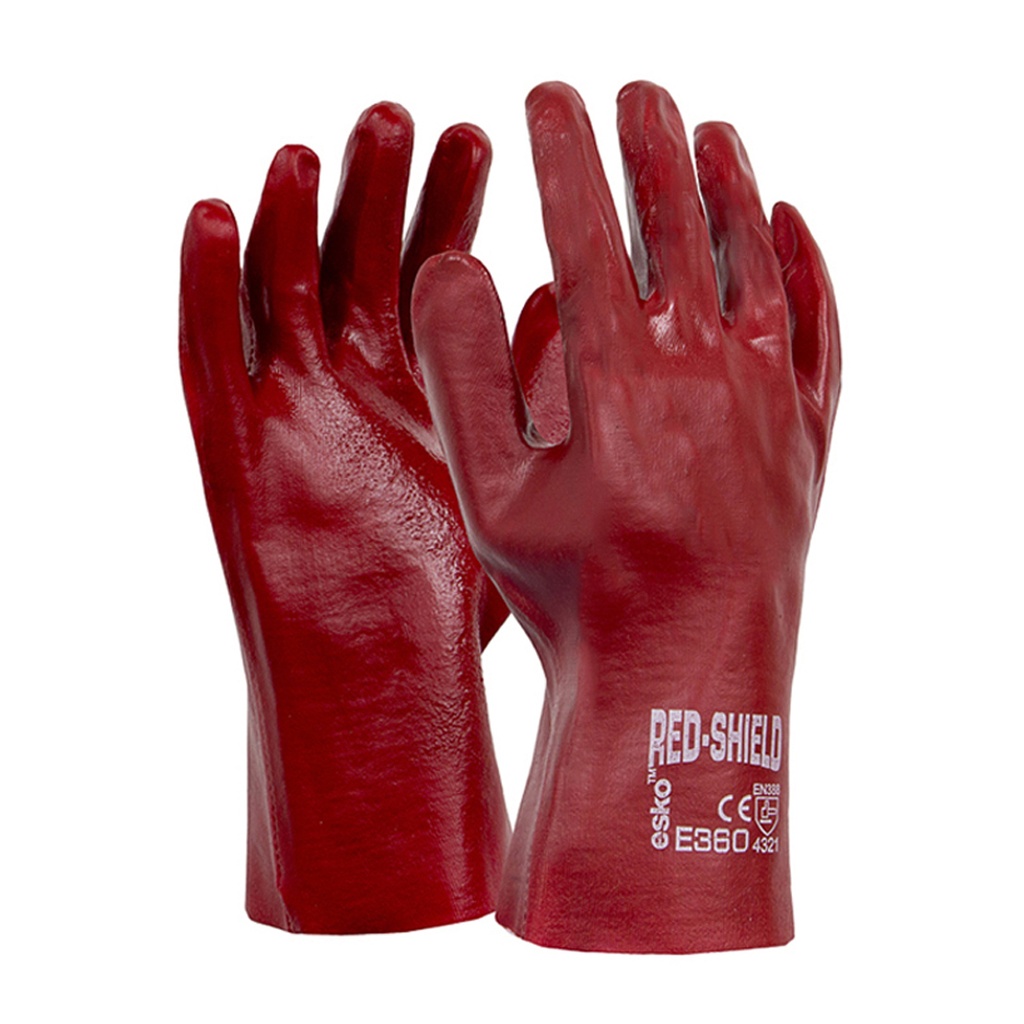 RED SHIELD, Red PVC single dipped gauntlet glove, 27cm (E360) - Pack of 12