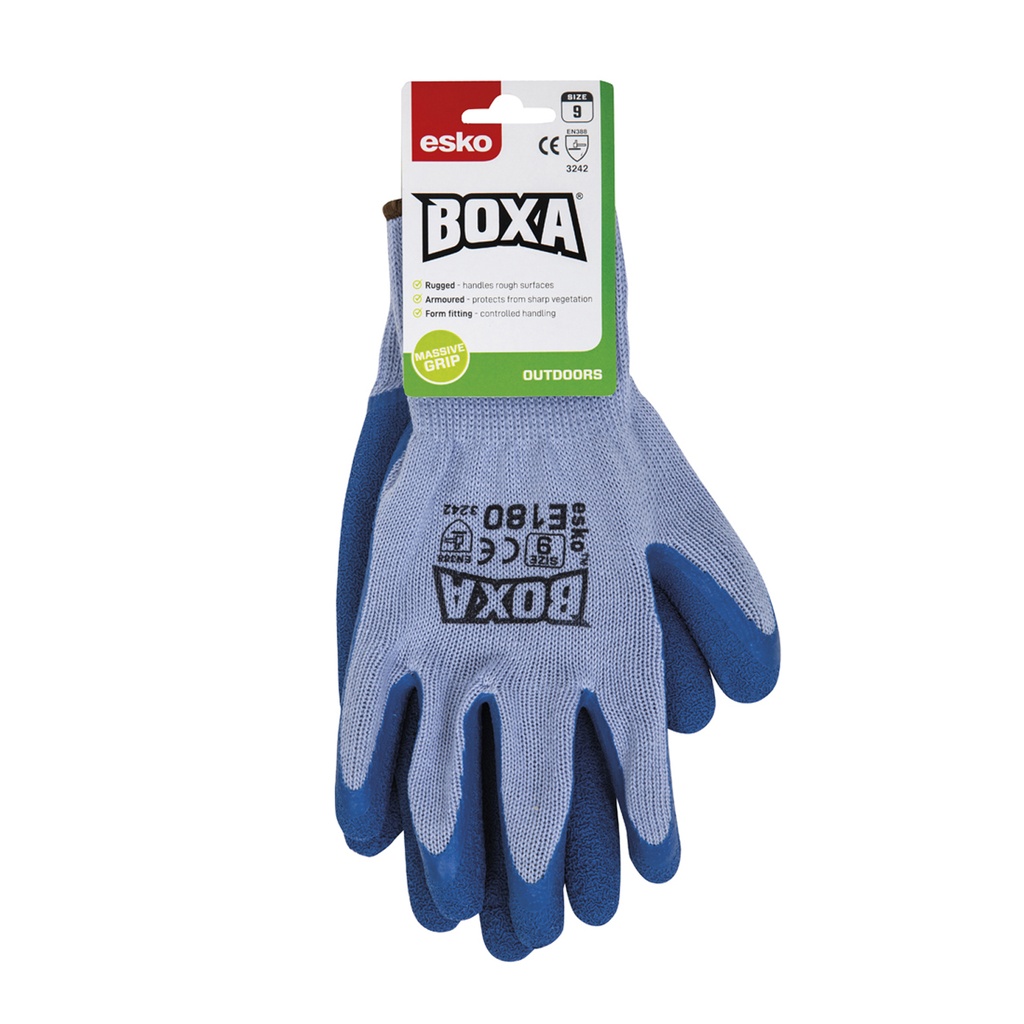 ESKO BOXA Blue Heavy Duty Crinkle Coat Latex Glove, Blue 10 gauge liner, grey cuff, with Header Card, size 10(XL) - Pack of 12