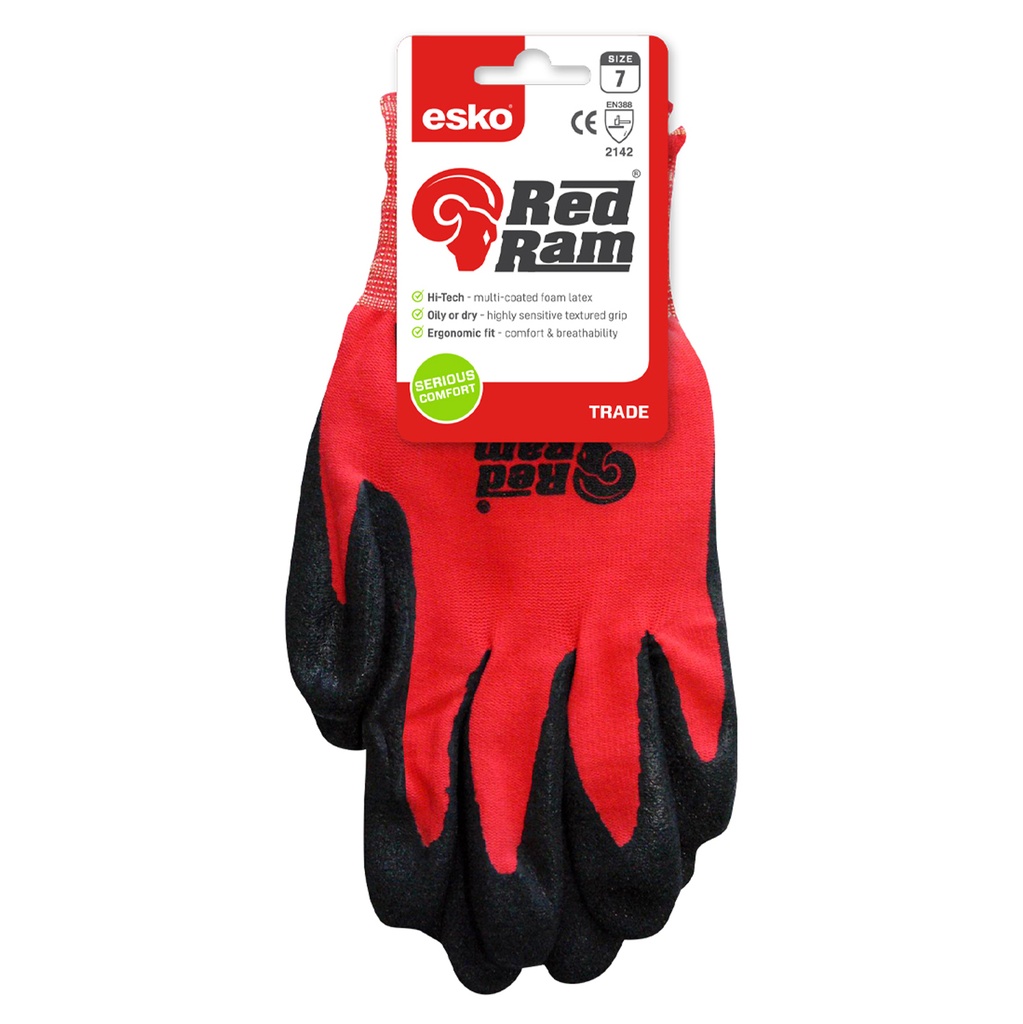 RED RAM Glove Header Carded, Red polyamide with black sandy latex coating Size 11(2XL) E410 - Pack of 12