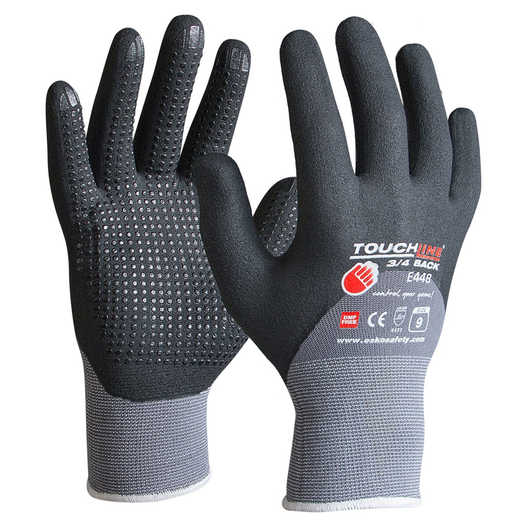 TOUCHLINE -3/4 Back Glove with micro dots, polyamide spandex with micro nitrile foam coating. Size 7(S), with Header Card. - Pack of 12