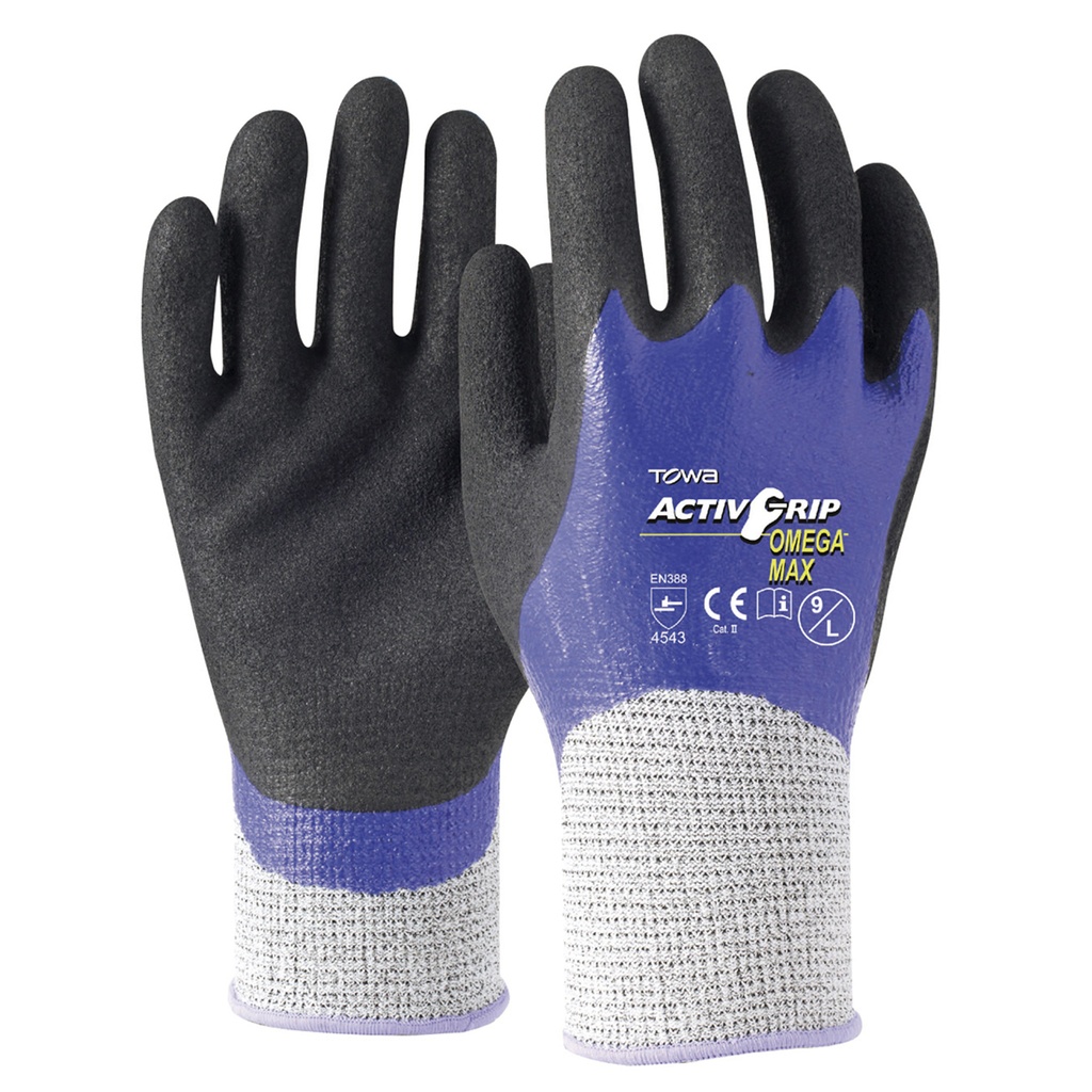 Glove AGO ActivGrip Omega MAX Cut 5 Level Glove, Double Dip Nitrile coating and Microfinish texture, size 10(XL) - Pack of 12