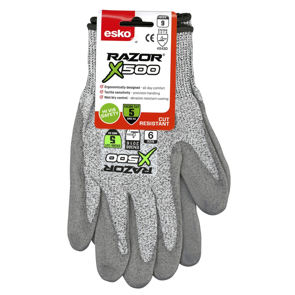 GREY RAZOR X500 Glove, UHMWPE Cut Level 5, Grey PU coating, Header Carded, Size 11(2XL) E430 - Pack of 12
