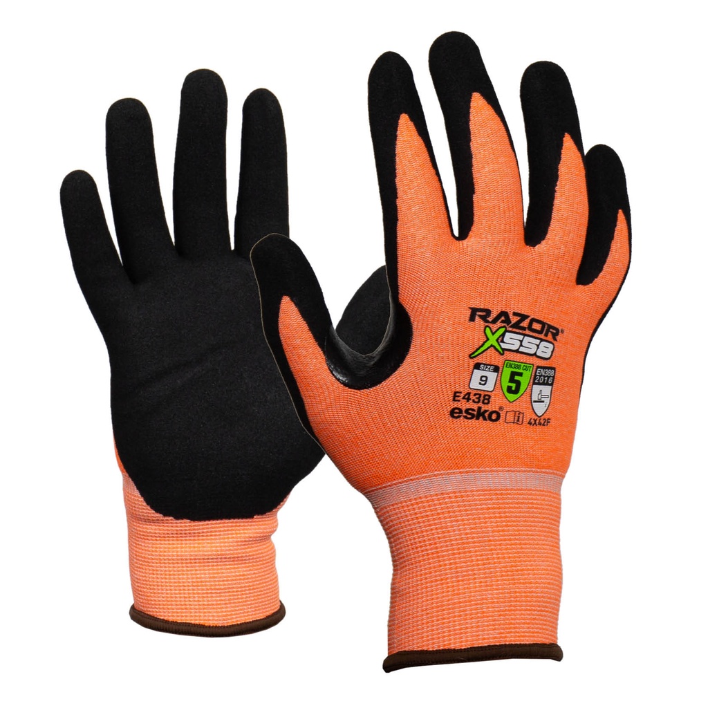 ORANGE Razor X558 Glove, Hi-Vis Orange Cut Level F, Black Nitrile Coating, Reinforced Crotch. Size 8(M) - Pack of 12