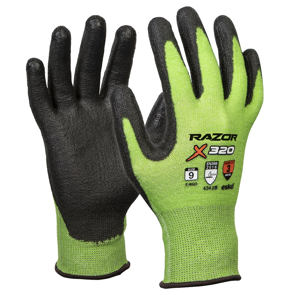 GREEN Razor X320 UHMWPE Cut Level 3 Glove, Black PU Coating - 7(S) - Pack of 12