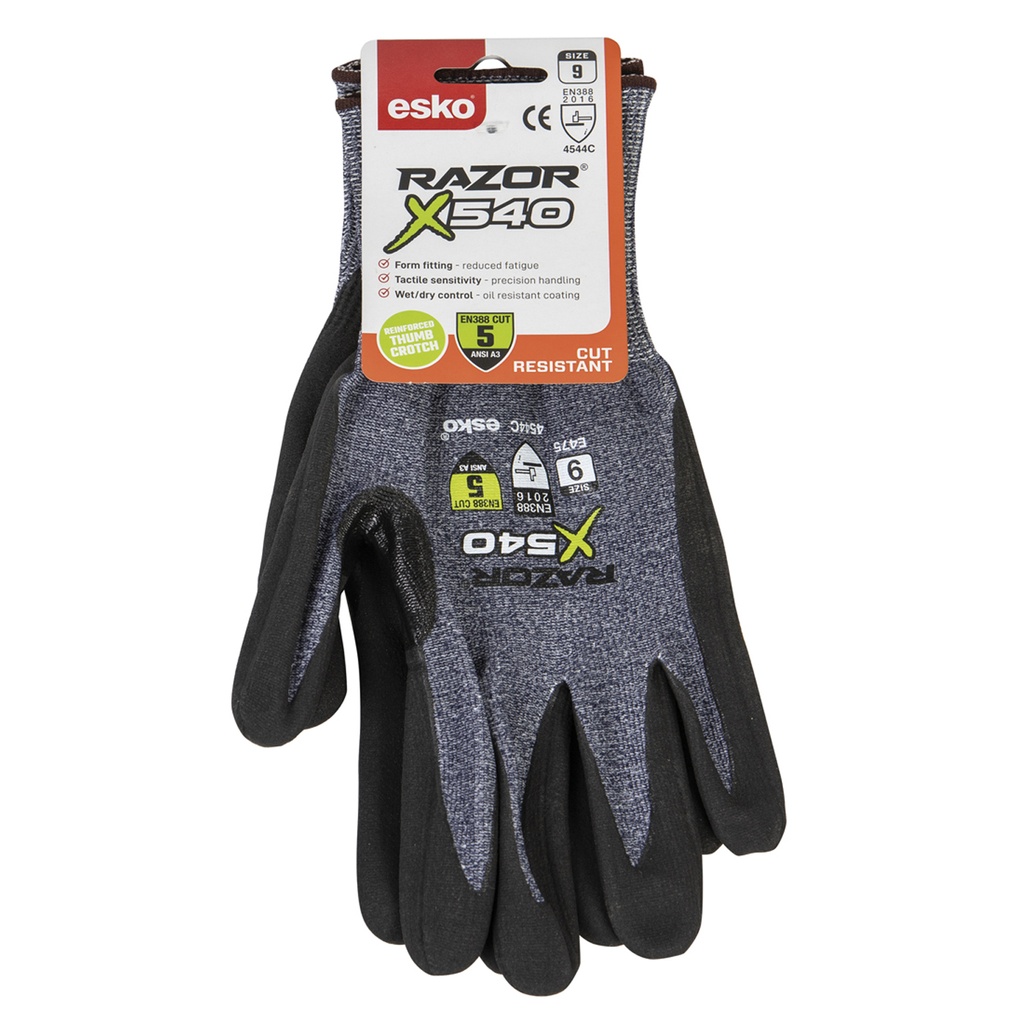 BLUE/GREY Razor X540 UHMWPE Cut Level 5, Black Nitrile Foam Coating, Reinforced Thumb Crotch, With Header Card - 9(L) - Pack of 12
