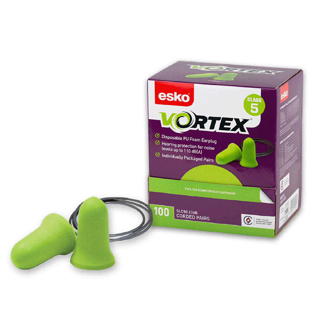 GREEN Vortex Bell Shaped Corded Earplugs, Class 5 - 26dB, 100 pair dispenser box.