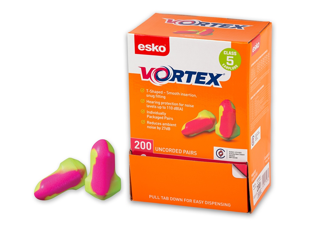 PINK/YELLOW Vortex T-Shaped Class 5 Hi-Vis uncorded PU earplug, individually packed pairs, 200pr box.