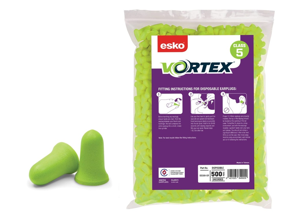 GREEN Vortex Bell Shaped Earplug Refill Bag for Dispenser, Class 5 - 26dB, 500 pair bulk pack.