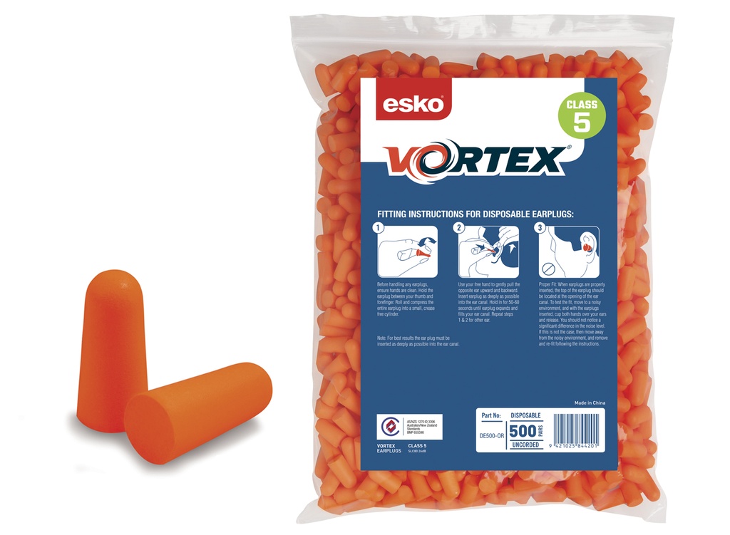 ORANGE Vortex Earplugs Refill Bag for Dispenser, Class 5 26dB - (500 pairs) Orange