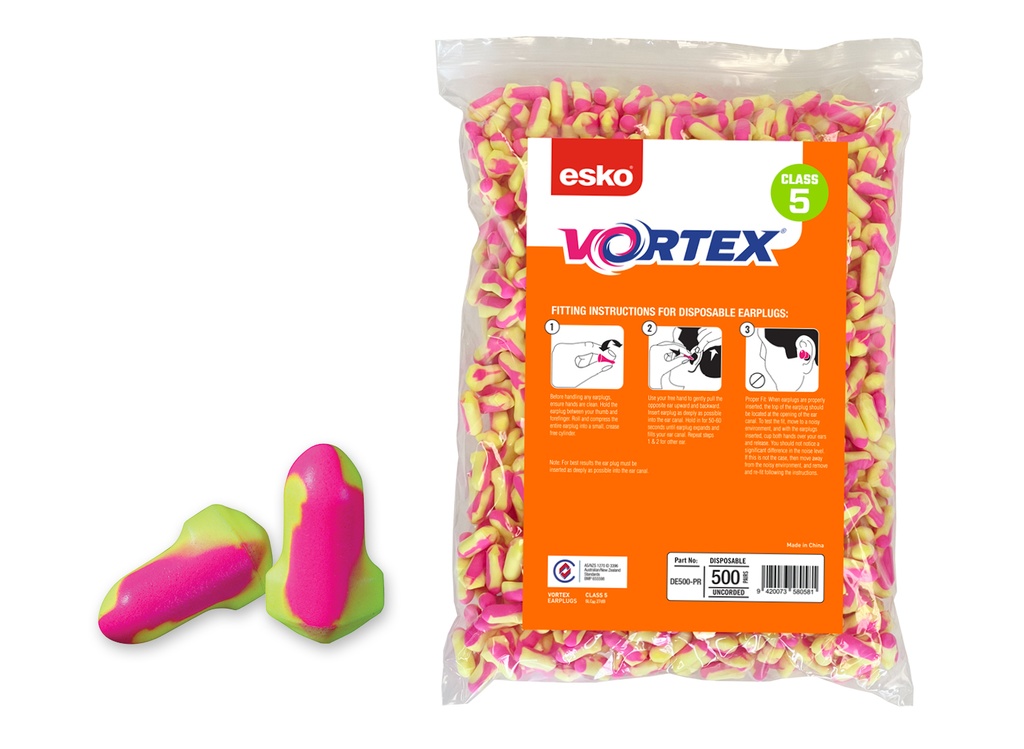PINK/YELLOW Vortex Earplugs Refill Bag for Dispenser, - (500 pairs)