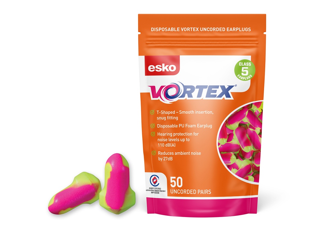 PINK/YELLOW Vortex T-Shaped Class 5 Hi-Vis uncorded PU earplug, 50pr pouch. - Pack of 10
