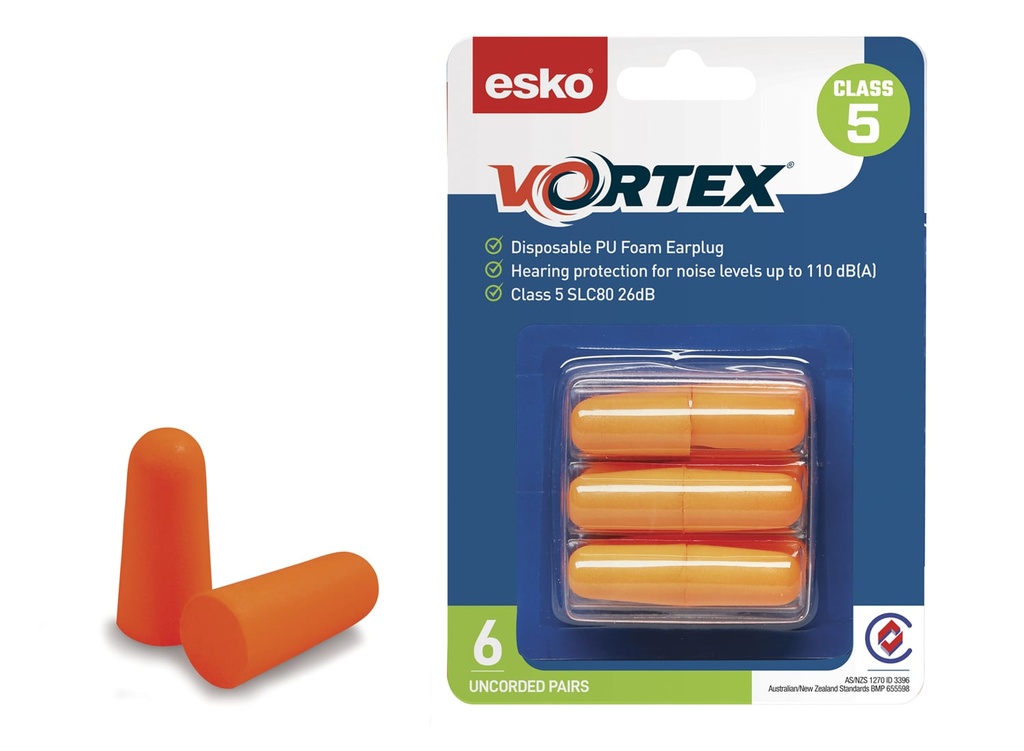 [DE6-OU] ORANGE Vortex Earplugs Uncorded Class 5 Blister Pack (6 pairs) - Pack of 10