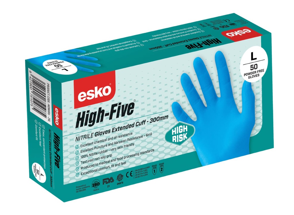 High Five, 6 MIL High Risk, LIGHT BLUE Nitrile Disposable Gloves, Box 50 - Small