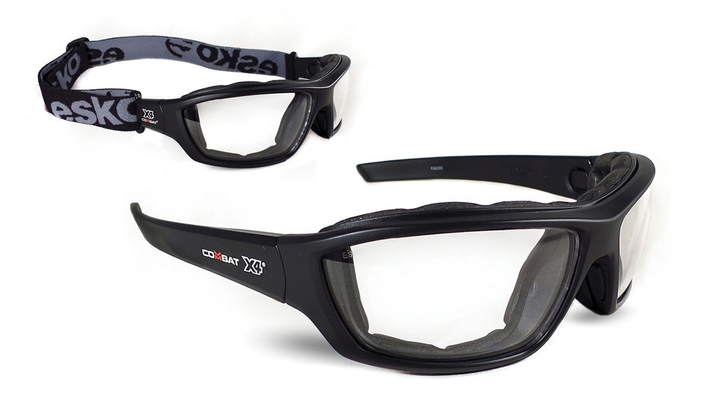 ESKO COMBAT X4 Safety Eyewear, Foam Bound with High Impact Rating, A/F & A/S coating, with removable temples and elastic head strap, Clear Lens - Pack of 10