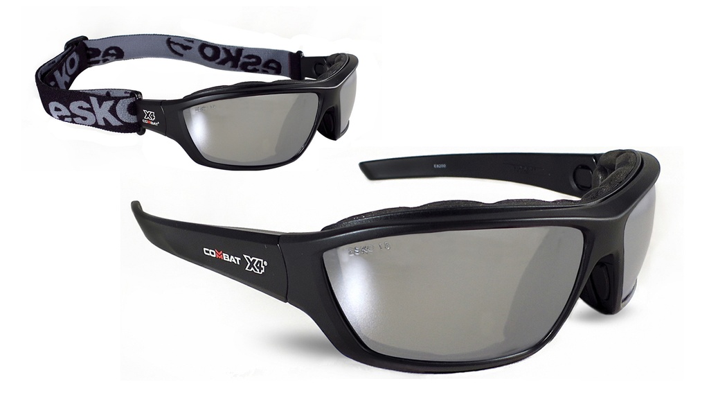 [E8202] ESKO COMBAT X4 Safety Eyewear, Foam Bound with High Impact Rating, A/F & A/S coating, with removable temples and elastic head strap, Smoke with Silver Mirror Lens. Shade 3 - Pack of 10