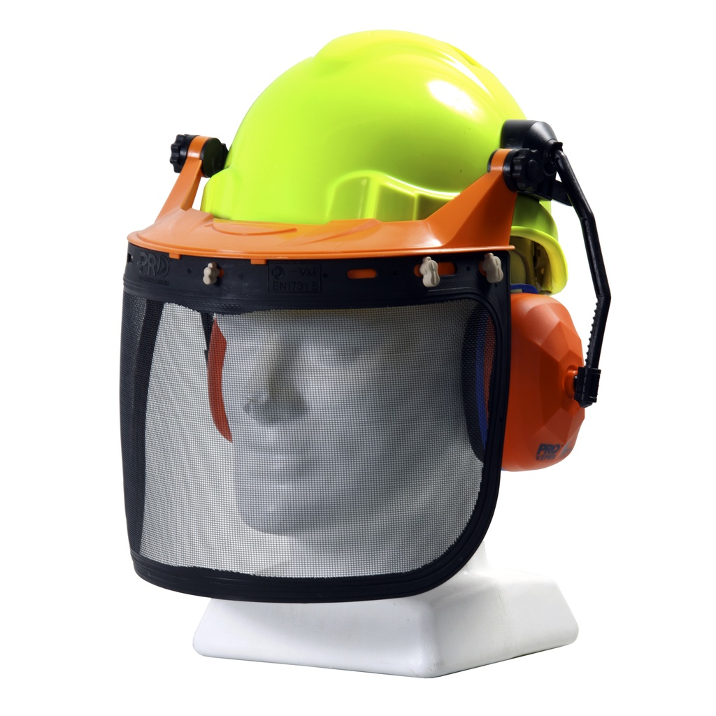 [TN1R-FC-NY] TUFF NUT Forestry Combo Kit, comes with RATCHET Hard Hat, Browguard Attachment, Ear Muff and Mesh Visor, Neon Yellow