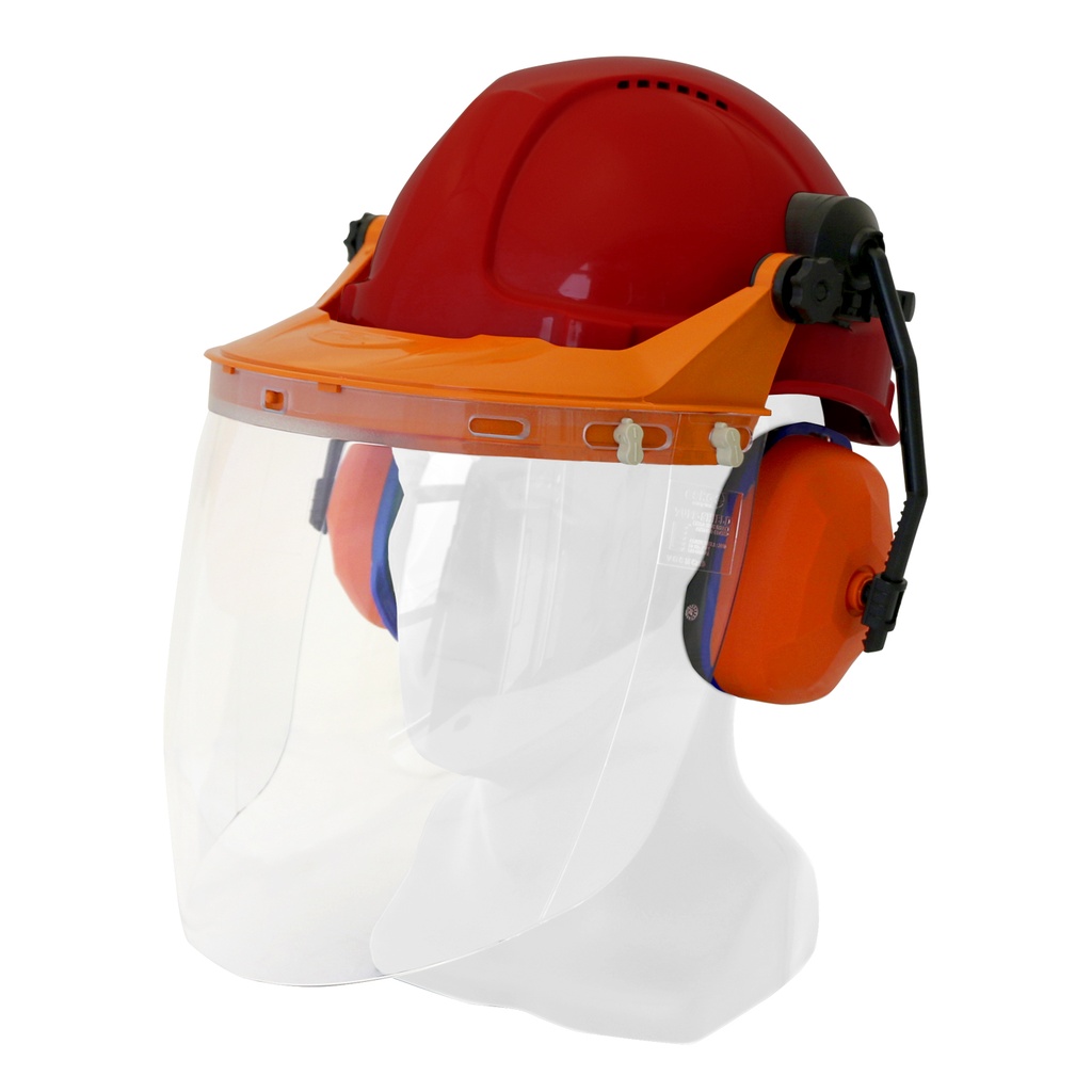 [TN1R-VC-R] Hard Hat Clear Visor Combo including Red RATCHET Hard Hat, Ear Muffs, Browguard attachment, and Clear Visor