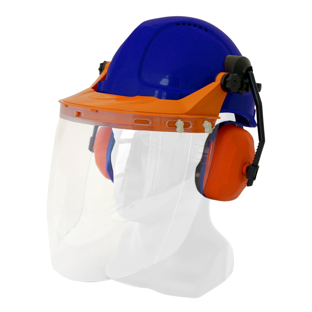 [TN1R-VC-B] Hard Hat Clear Visor Combo including Blue RATCHET Hard Hat, Ear Muffs, Browguard attachment, and Clear Visor