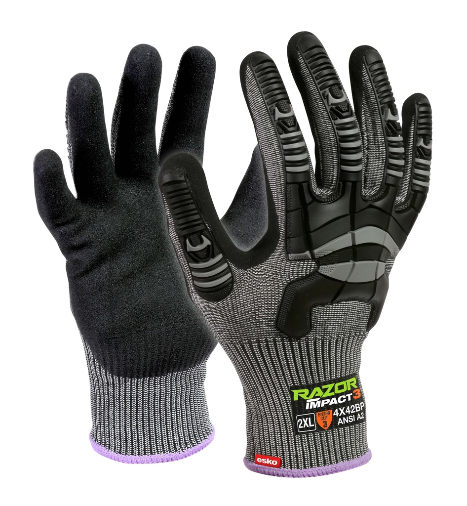 GREY Razor Impact3, UHMWPE Cut Level B, Black sandy Nitrile Coating, Sonic Welded TPR Impact Protection - 8(M) - Pack of 12