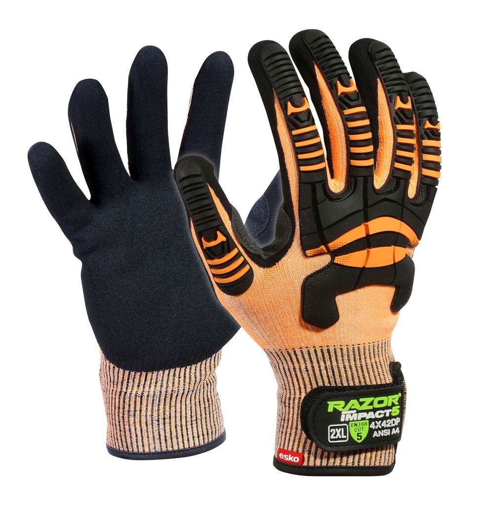 ORANGE Razor Impact5, Hi-Vis UHMWPE Cut Level D, Black Sandy Nitrile Coating, Sonic welded TPR Impact Protection - 10(XL) - Pack of 12
