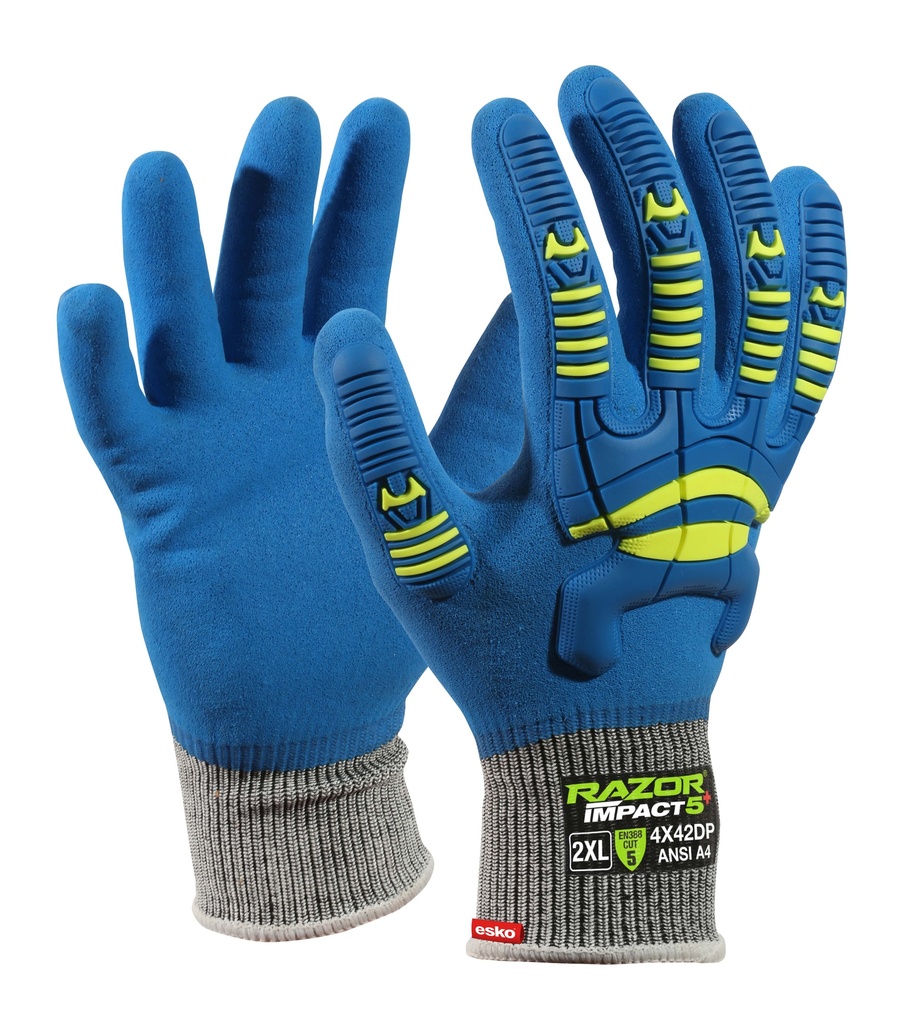 [E485HC-12(3XL)] BLUE Razor Impact5+, UHMWPE Cut Level D, Fully dipped Blue Sandy foam nitrile, Sonic welded TPR Impact Protection - 12(3XL) - Pack of 12