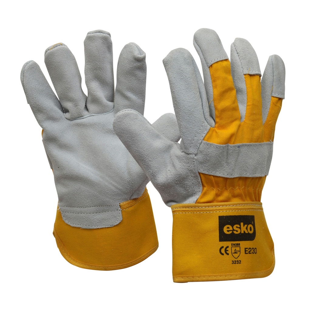 ESKO Heavy duty leather / yellow cotton glove, chrome grey palm with yellow cotton back and safety cuff. 'A' grade - Pack of 12