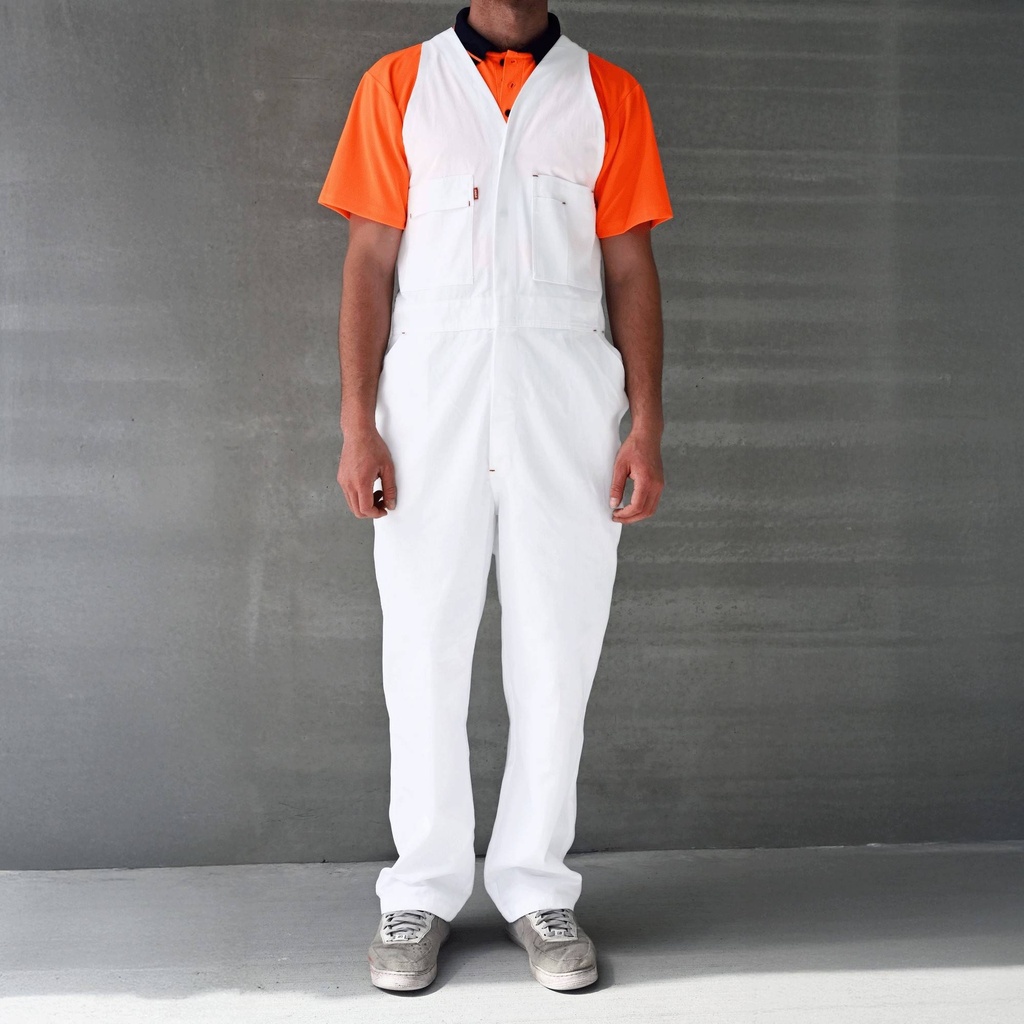 [AOVER100-WH-07/92] Painters Zip Cotton Overall, White, six pockets plus side entry, elasticated shoulder straps - Size 07/92