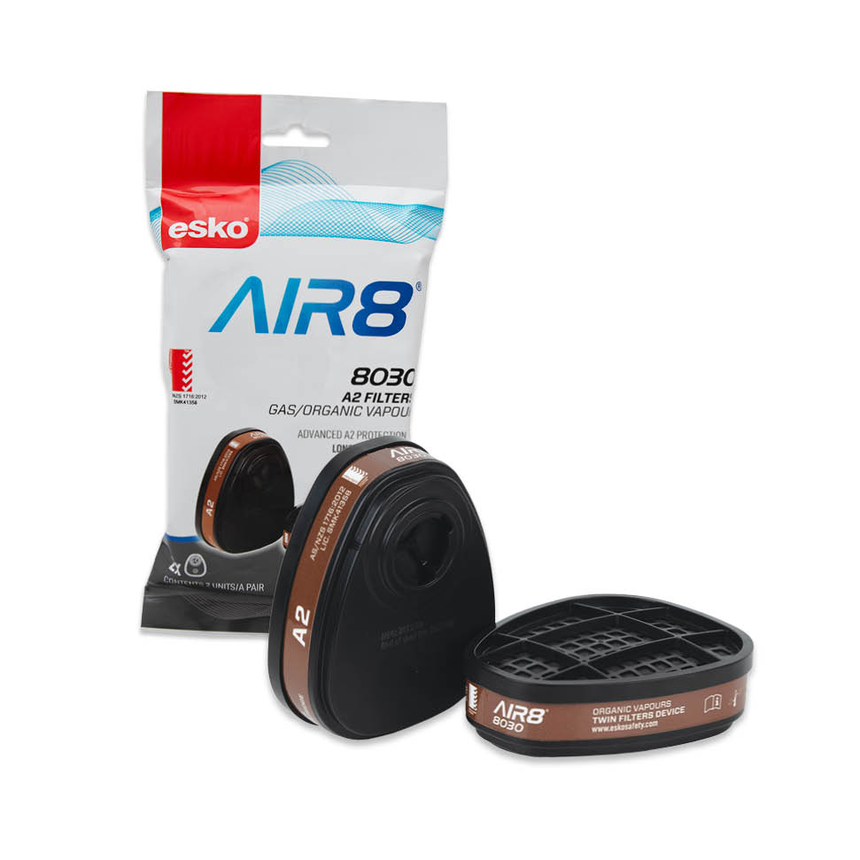 ESKO - AIR8 A2 Cartridge (pair) Filters Organic Gas/Vapour - for Twin Filter Respirator, Foil Bag Hangsell Packaging