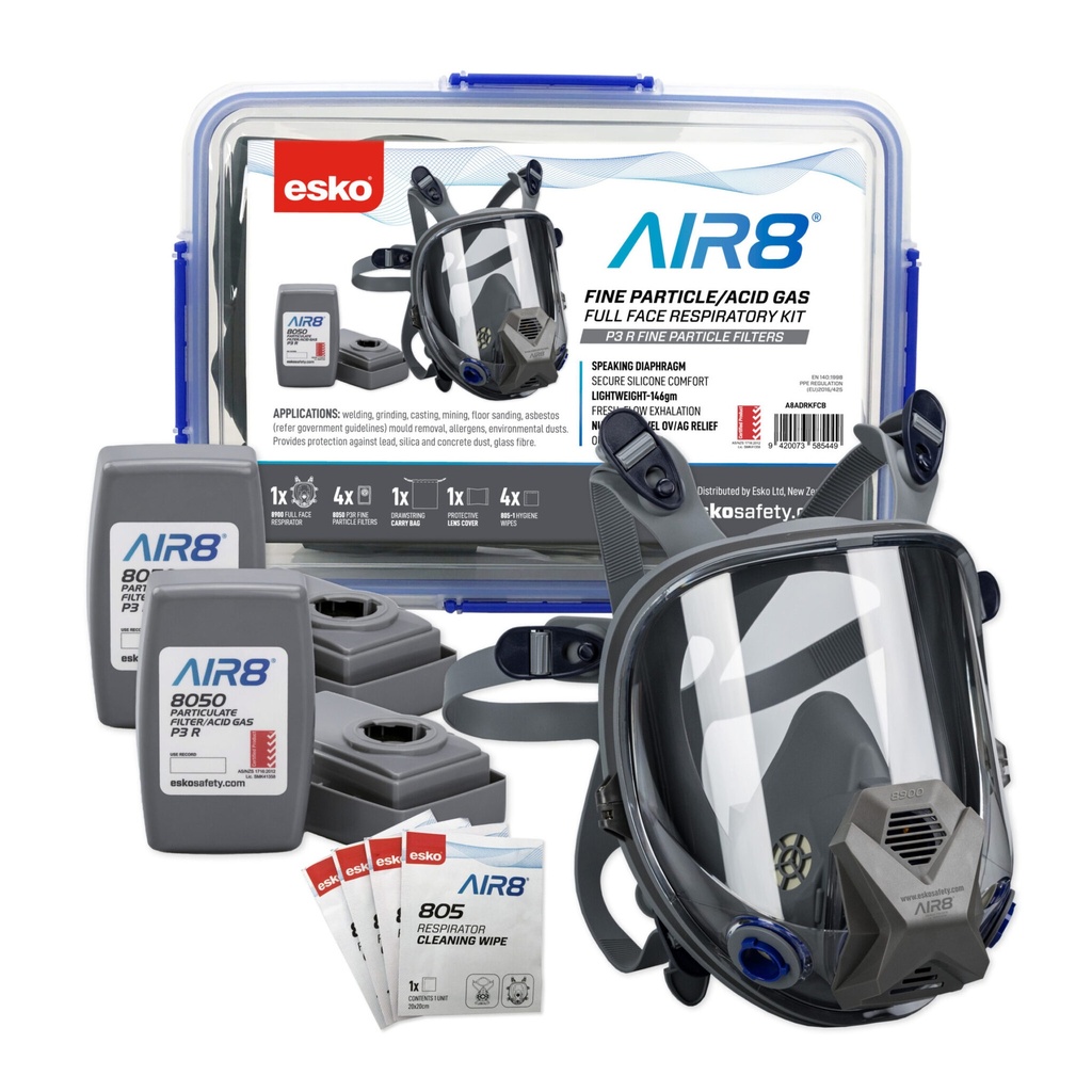 ESKO - AIR8 Full Face Asbestos Dust Respiratory Kit in Plastic Resealable Container (Contents: 1 x 8900 Full Face Respirator, 4 x 8050 Cartridge Filters, 4 x 805-1 Respirator Cleaning Wipes) 1x Carry Bag, 1x Protective Lens Cover.