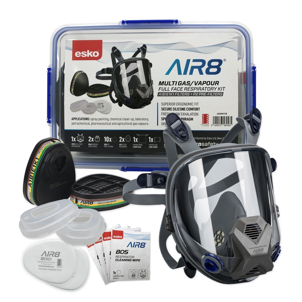 ESKO - AIR8 Full Face Multigas Respiratory Kit in Plastic Resealable Container (Contents: 1 x 8900 Full Face Respirator, 2 x 8040 A1B1E1K1 Cartridge Filters in Foil Bag, 10 x 8010 Filters, 2x 810 retainers, 4 x 805-1 Respirator Cleaning Wipes)