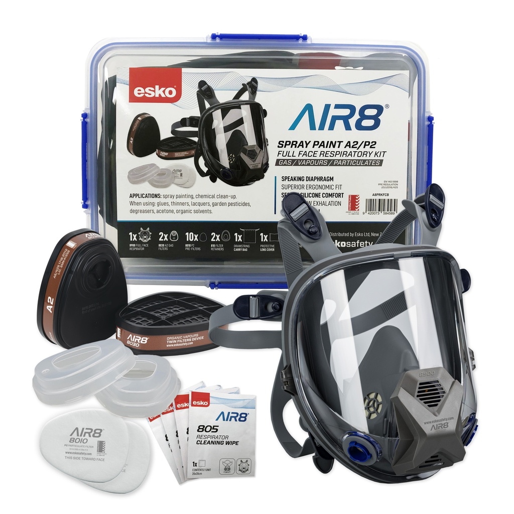 ESKO - AIR8 Full Face Spray Paint A2/P2 Respiratory Kit in Plastic Resealable Container (Contents: 1 x 8900 Full Face Respirator, 2 x 8030 Filters, 10x 8010 Filters, 2x 810 retainer, 4 x 805-1 Respirator Cleaning Wipes)