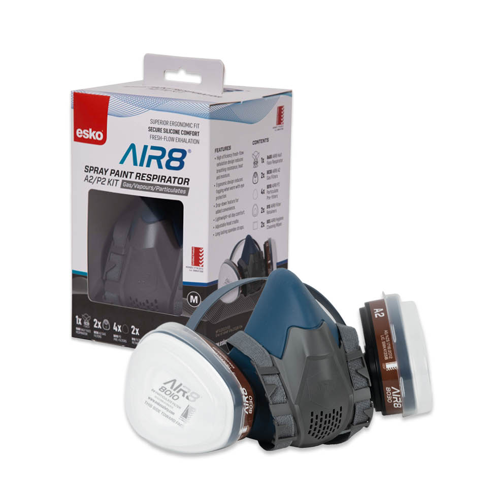 ESKO - AIR8 Spray Paint Respirator A2/P2 Kit Box (Contents: 1 x 8600 (Medium) Half Face Respirator, 2 x 8030 A2 Gas Cartridge Filters in Foil Bag, 4 x 8010 P2 Particulate Pre-Filters, 2 x 810 Filter Retainer, 2 x 805 Respirator Cleaning Wipes)