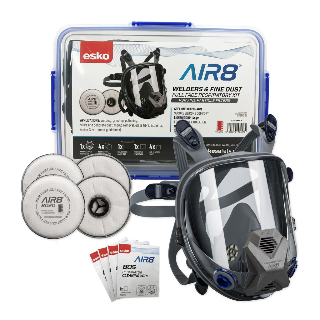 ESKO - AIR8 Full Face Welders/Fine Dust Respiratory Kit in Plastic Resealable Container (Contents: 1 x 8900 Full Face Respirator, 4x 8020 Filters, 4 x 805-1 Respirator Cleaning Wipes)