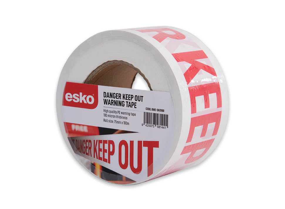 [BWE-DKO100] ESKO Warning Tape - Danger Keep Out 75Mm X 100M, 100 Micron (Red/White)