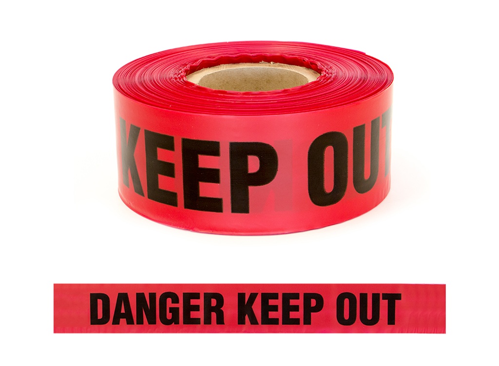WARNING TAPE - DANGER KEEP OUT Black text on red 75MM X 250M (80 Micron) (Red)