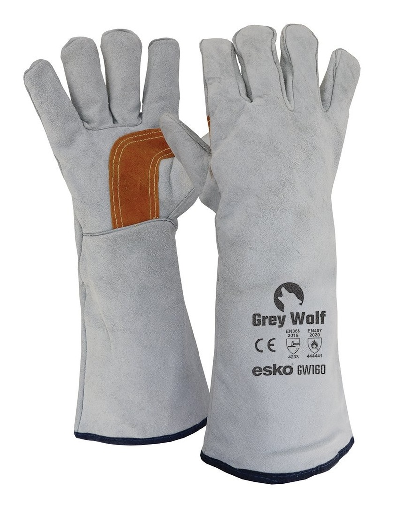 [GW160] ESKO GREY WOLF, grey and gold welders glove, Kevlar stitched, reinforced palm, lined & welted 406mm long - Pack of 12